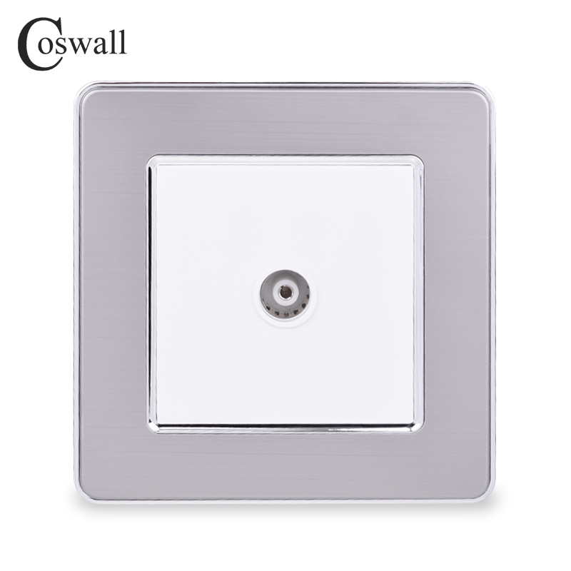 COSWALL 1 Gang Female TV Connector Luxury Wall Socket Outlet Stainless Steel Brushed Silver Frame Panel: White