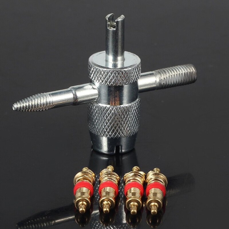 4 Way Tyre Valve Repair Remover Tool Car Bike Tire Accessory + 4 Valve Stem Core