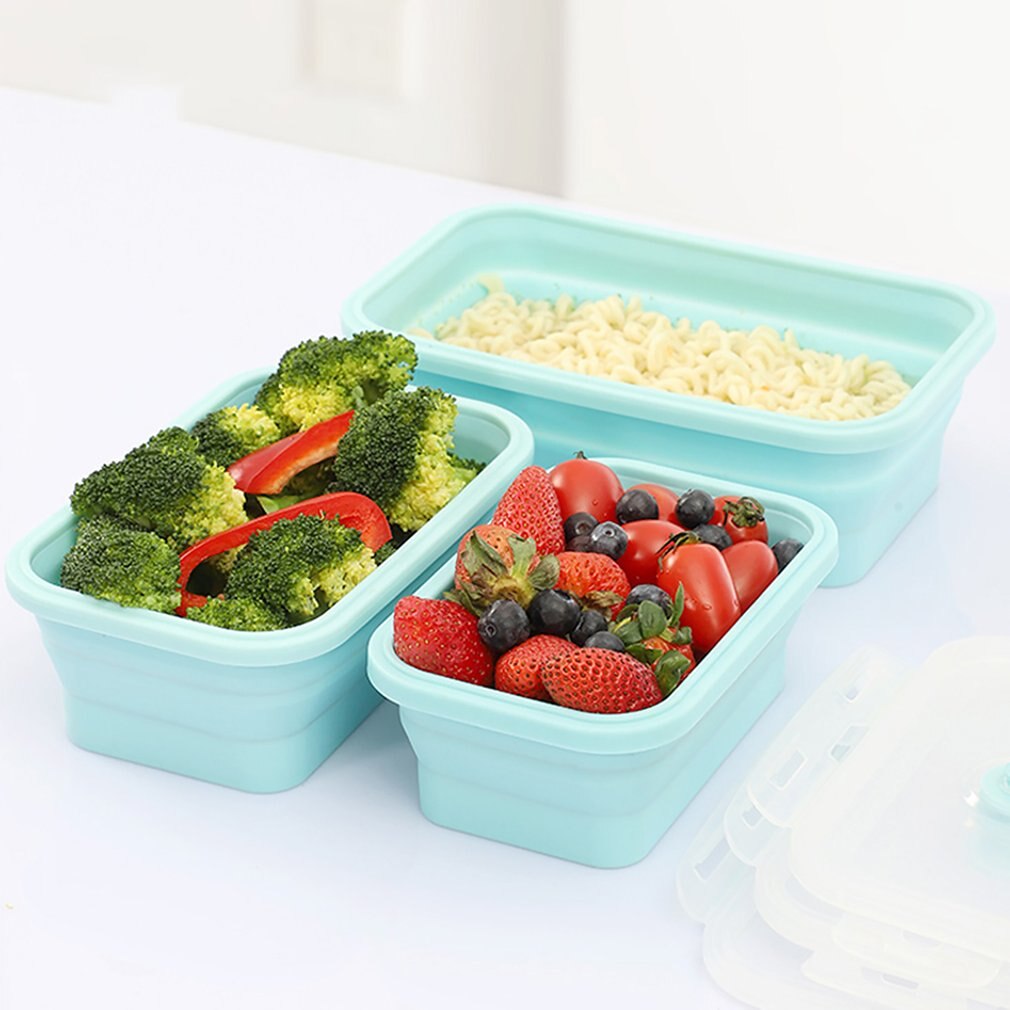 Fda 3/4 Pcs Draagbare Opvouwbare Lunchbox Vierkante Siliconen Lunchbox Magnetron Lunchbox Plastic Koelkast Hoge Temperatuur