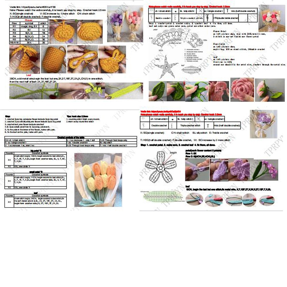 TPRPYN Pink Mixed Flower Bouquet Crochet Kit with yarn DIY Rose Tulip daisy sunflower Crocheting kits Knitting handmake beginner
