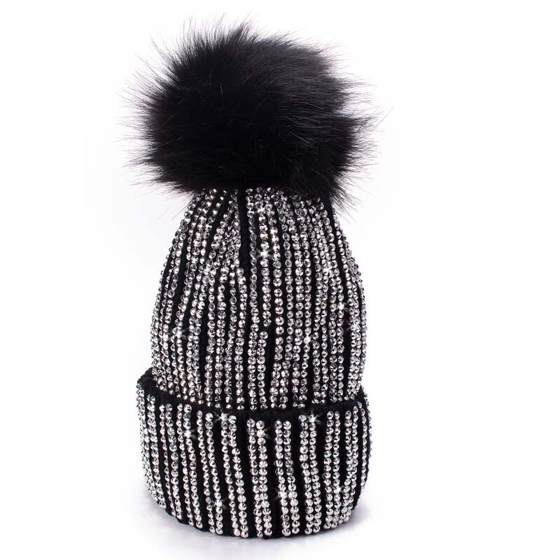 Lawliet Winter Hats Faux Fur Pom Pom Rhinestone Bling Style Women Beanies Warm Knitted Hat Ladies Skull Cap A469: Black