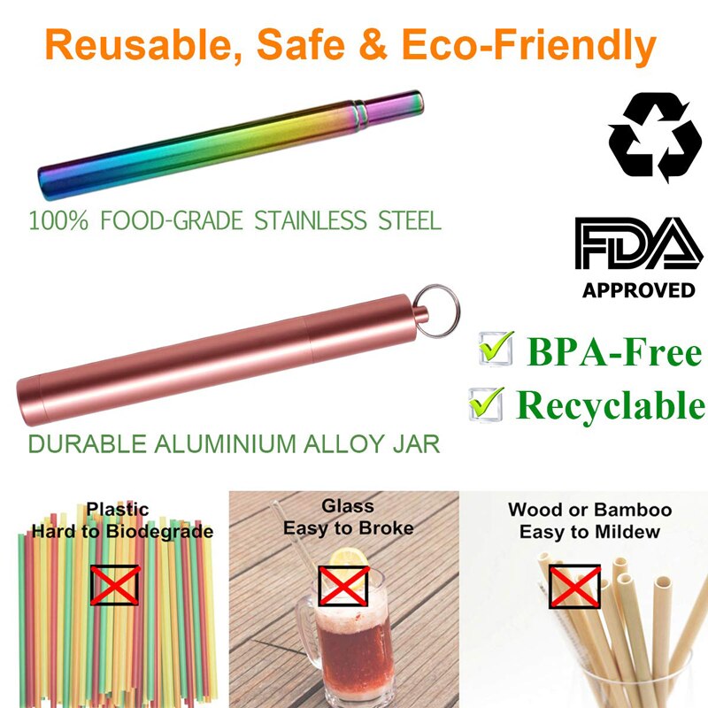 Paille télescopique en métal, réutilisable, pliable, portable, en acier inoxydable, avec brosse et étui pour les voyages en extérieur
