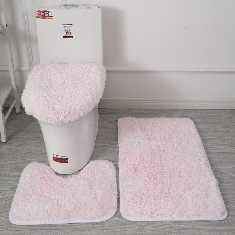 3pcs/set Tie-Dye Colorful Bathroom Mat Set Non-slip Bath WC Carpets Rectangle U-shape Bathroom Toilet Rugs And Lid Cover Kit: light pink