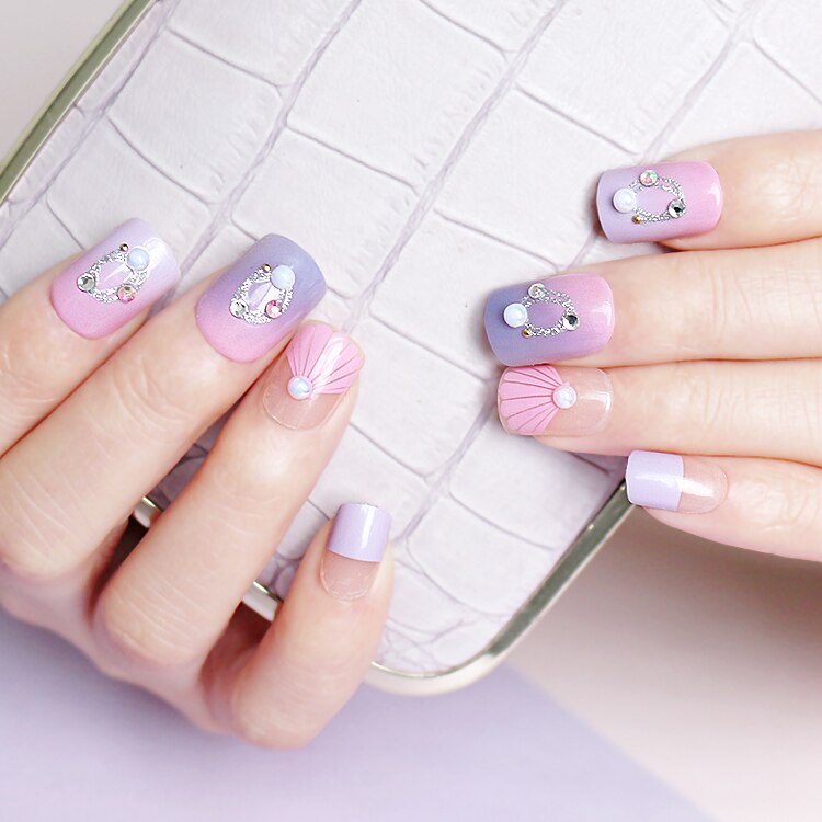24 Pcs Paars En Roze Kleur Kunstmatige Diamanten Decoratie Kunstnagels Mode Zoete Nep Nagels Met Lijm Stickers