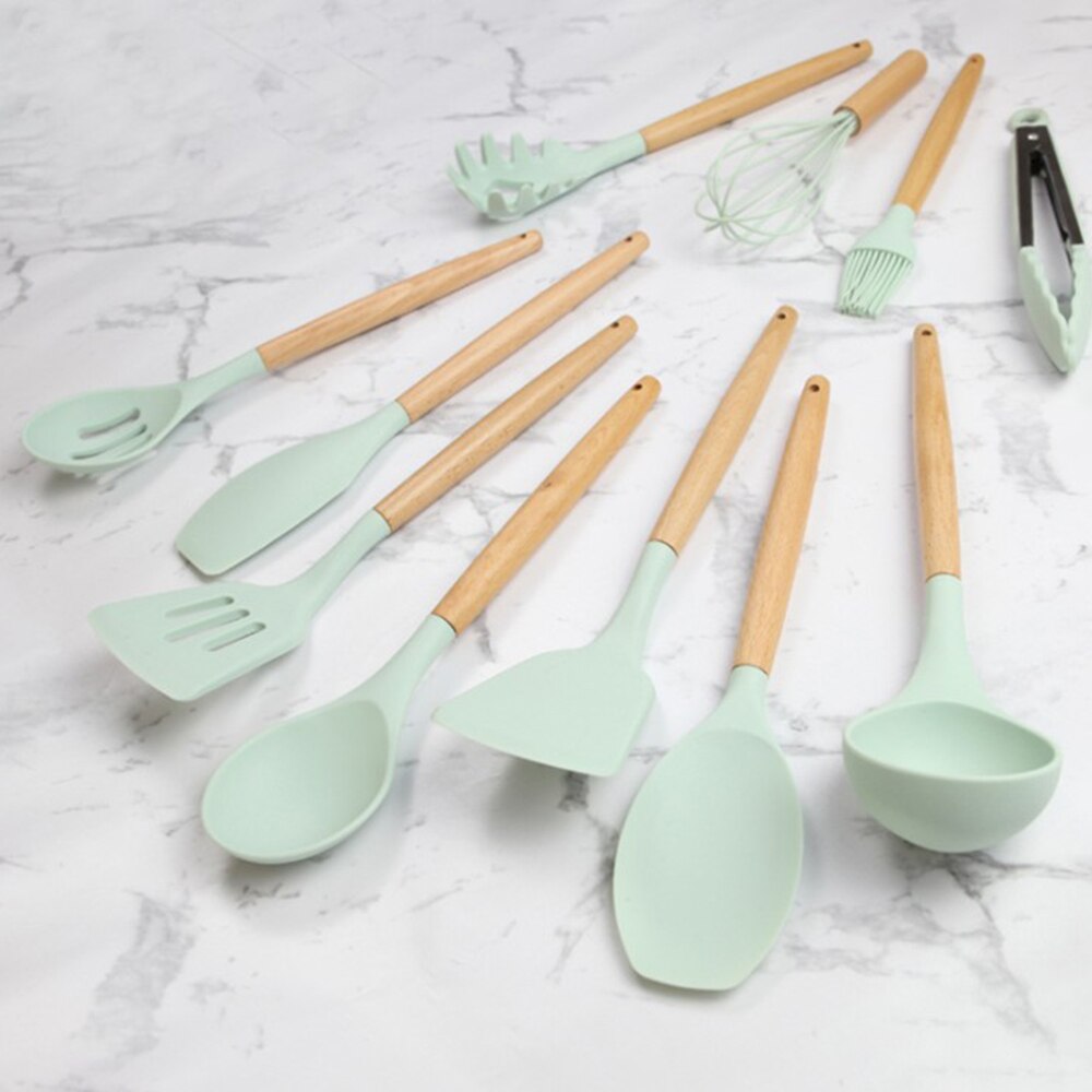 11pcs Silicone Cooking Utensils Set ,Pink Solid Wood Handle With Storage Box, Kitchenware Kit Kitchen Tools Accessories