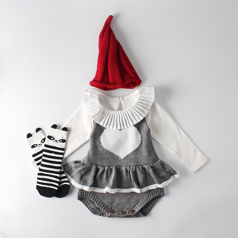 Focusnorm 0-24m herfst winter baby meisjes jongens gebreide romper mouwloos hartjesprint ruches jumpsuits 2 kleuren