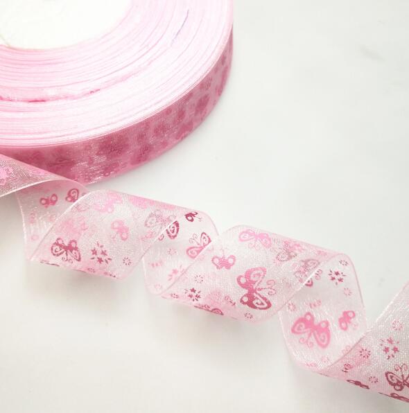 5 meters/partij 25mm Cartoon Vlinder Linten Gedrukt Organza Lint Tape voor Handwerken DIY cadeaupapier Decoratie: PINK