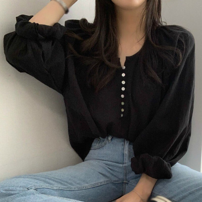 Jlong Temperament Long Sleeve Thin Shirt Women Chic Solid Color Blouse Spring Autumn Loose Shirts Tops