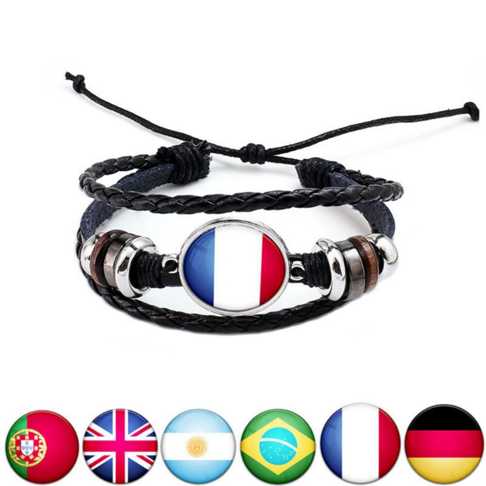 Football Team Logo Beads Multi-layered Bangle Jewelry Russian World National Flag Braided Rope Charm Punk