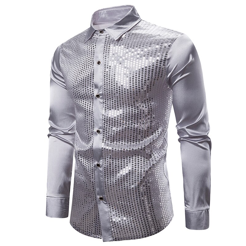 Chemise à manches longues pour hommes en soie dorée, en paillettes, robe Disco brillante, pour les soirées en boîte de nuit, bal Hip Hop, Streetwear, modèle chemises décontractées