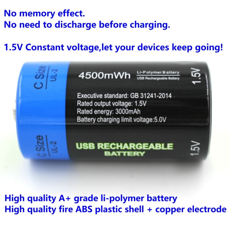 Etinesan 1.5V C 4500mWh li-polymer li-po rechargeable lithium li-ion powerful USB battery