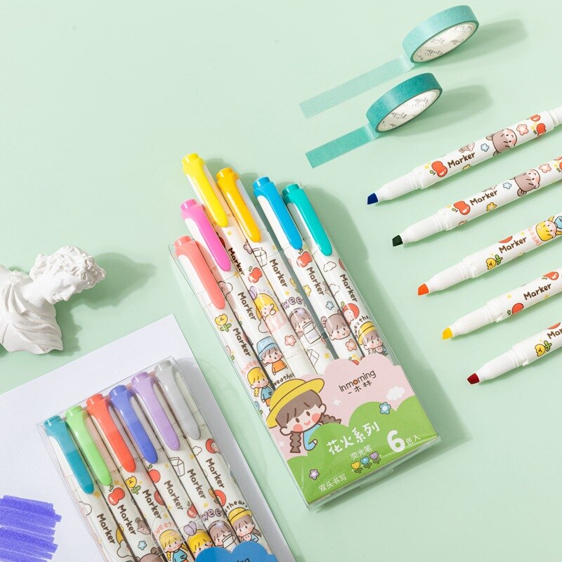 Juego de rotuladores bonitos para chica, rotuladores de doble punta para escribir, pintar y dibujar, para el colegio y la Oficina, H6910, 6 uds.