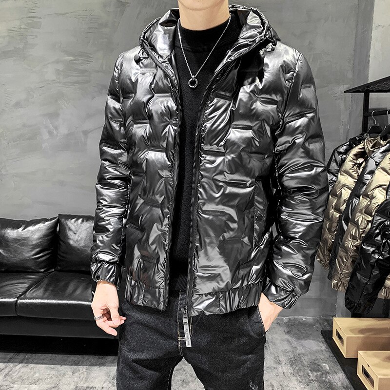Shiny Men's Jacket Coats Winter Men Short Thick Cotton Coat Jacket Stand Collar Slim Clothes Winter Parka Coat Men: A-2 BLACK M / M
