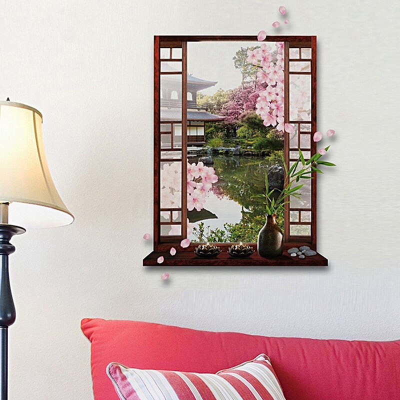 3D Window Sakura Peach Blossom Flower Art Wall Sticker Removable Decal Mural