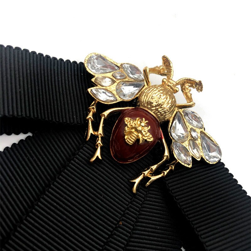 Retro Stof Lint Rhinestone Bee Strikje Kraag Pin Bowkont Das Broches Voor Vrouwen Kleding Sieraden Accessoires