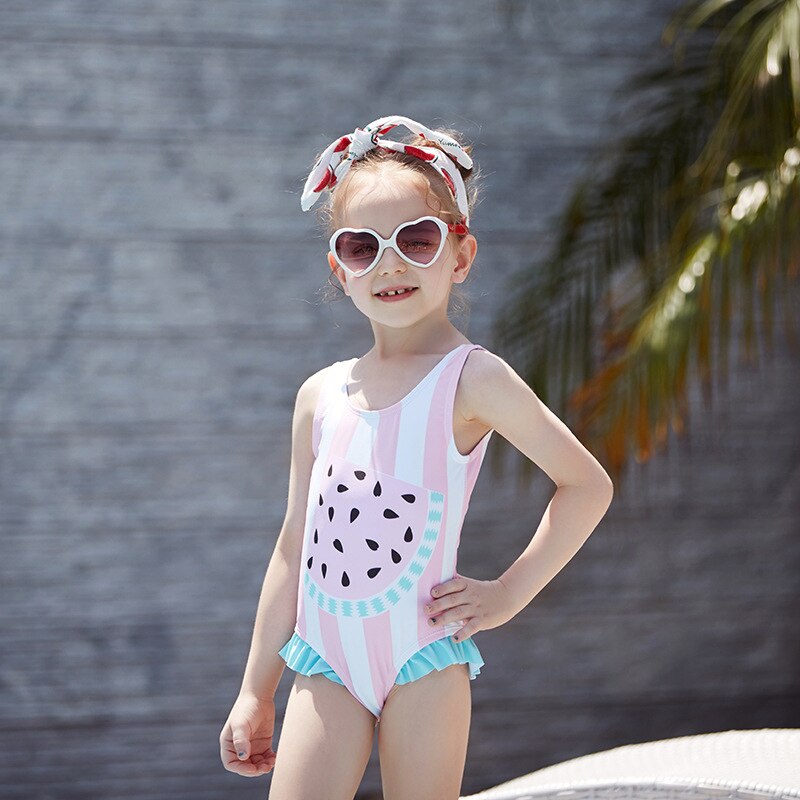 3-8years Girls Swimsuits One Piece Swimsuit Striped Watermelon Kids Bathing Suits Beachwear Children Girls Swimsuits: Pink / 100 (2-3years)