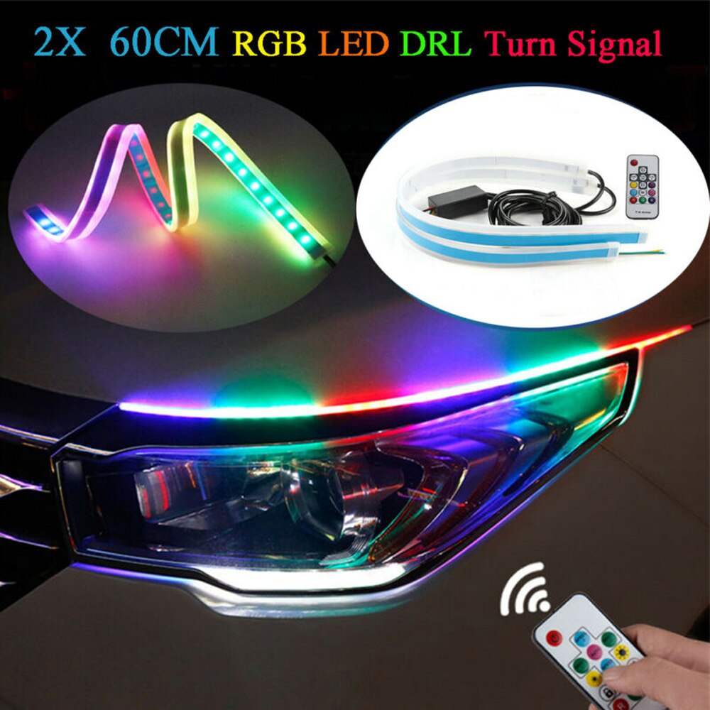 Flexible Turn Signal Light 2pcs RGB LED DRL Turn Signal Light Bar Headlight Slim 60CM