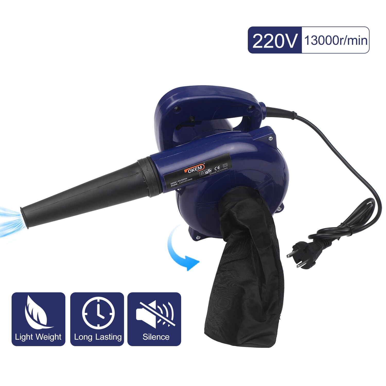 Soplador eléctrico de hojas con cable, 600W, 3 en 1, aspiradora potente para inflables con bolsa de recolección de polvo y boquilla cónica