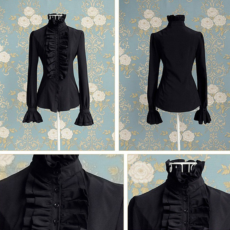 Camicia vittoriana Vintage da donna collo alto con volant camicetta abbottonata maniche lunghe vita sottile Office Lady Gothic Lotus top