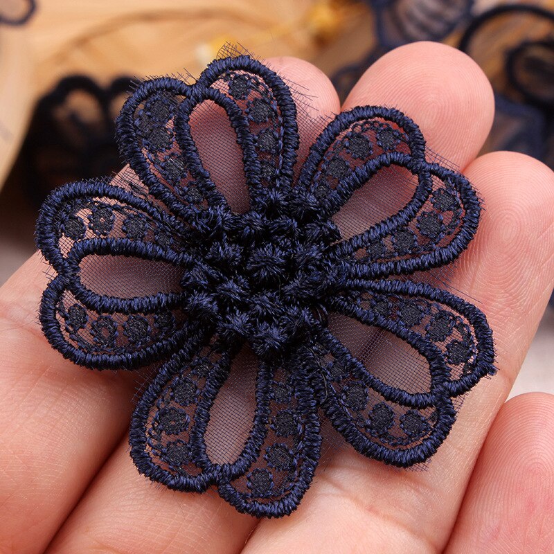 Parches bordados de encaje azul oscuro azul marino, iones para coser en ropa, apliques de mariposa y flores de Organza para ropa, pantalones vaqueros, vestido, rayas DIY