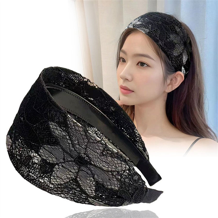 antiskid Wide Women Hairband Solid Lace Turban Solid Elastic Hair Bands Hair Accessories Headband for Women Girls Headdress: black