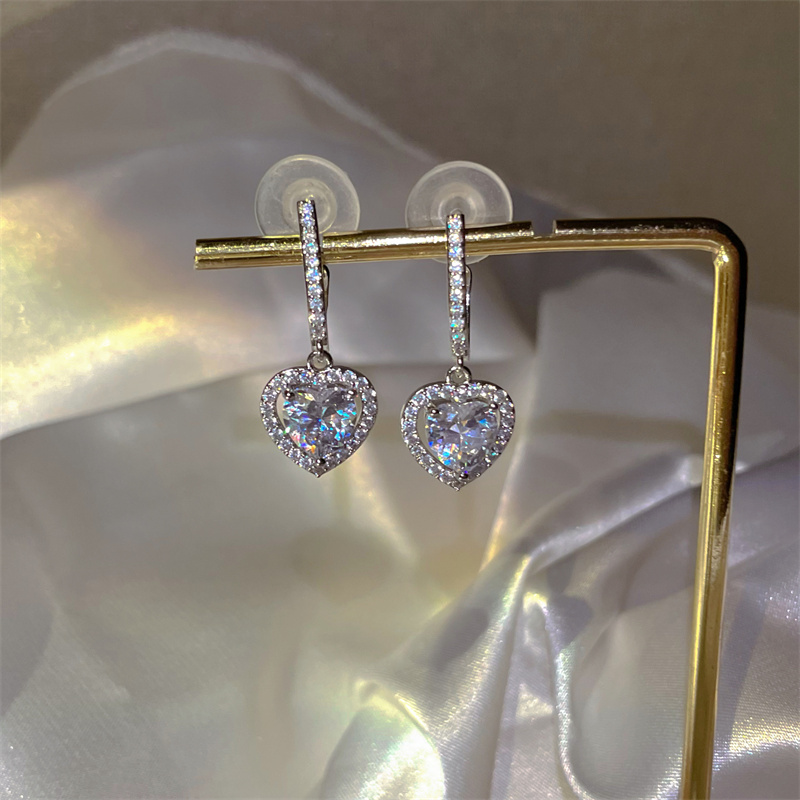 Korean Pink Pendant Earrings Princess Full Rhinestone Bow Love Heart Earrings Women's Wedding Aesthetic Jewelry: Champagne gold