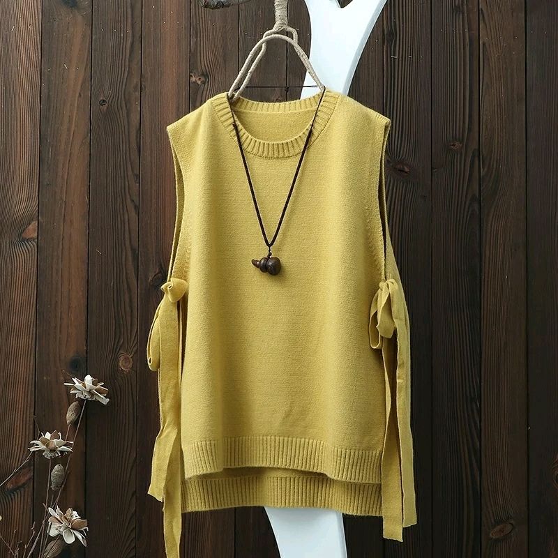 Chaleco de punto de Color liso con cuello redondo para mujer, chaleco Pullover holgado ancho con aberturas, estilo literario