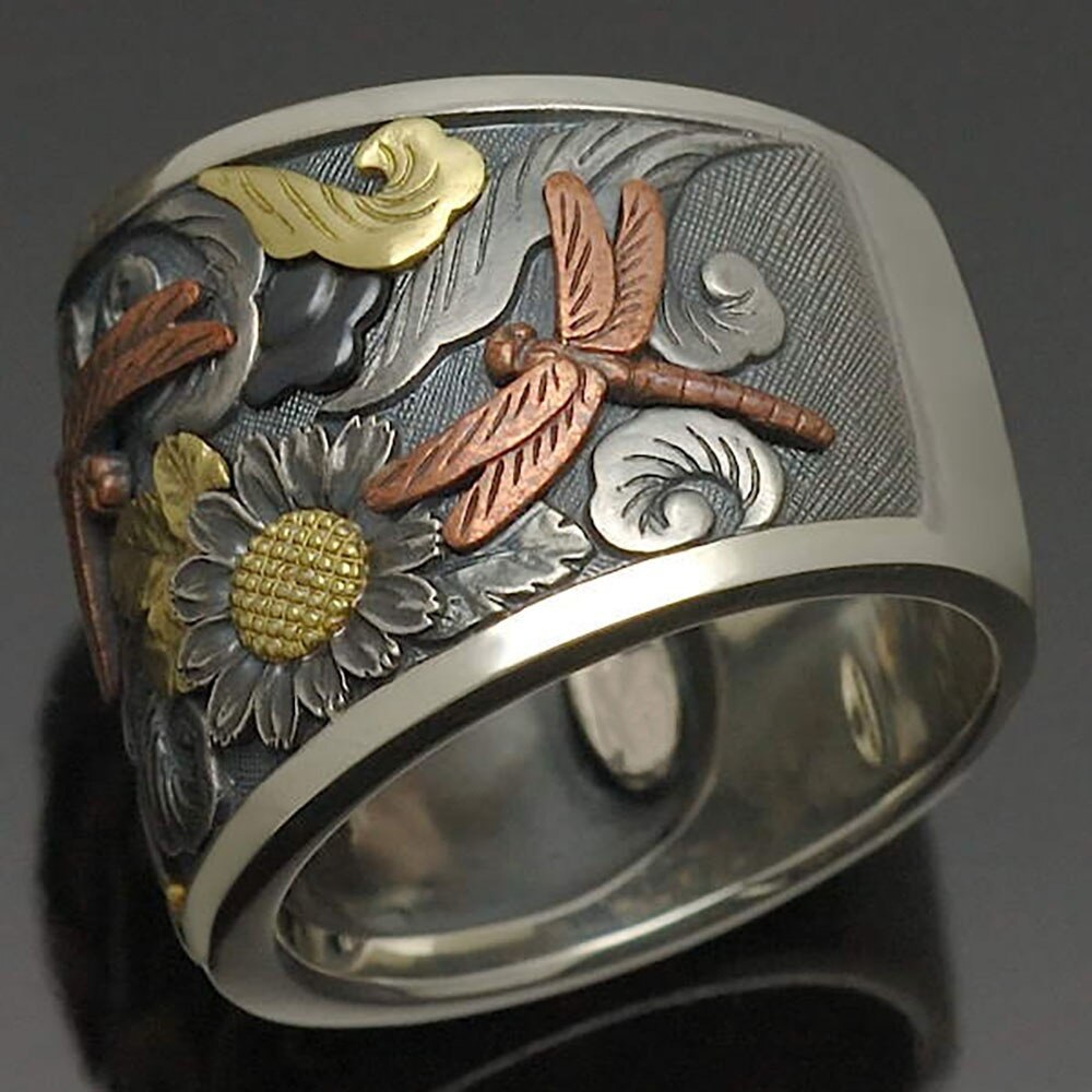 Handmade Vintage Geschnitzt Zwei Ton Blume Libelle Tier Ring Für Frauen Hochzeit Bnad Schmuck Größe 6-12