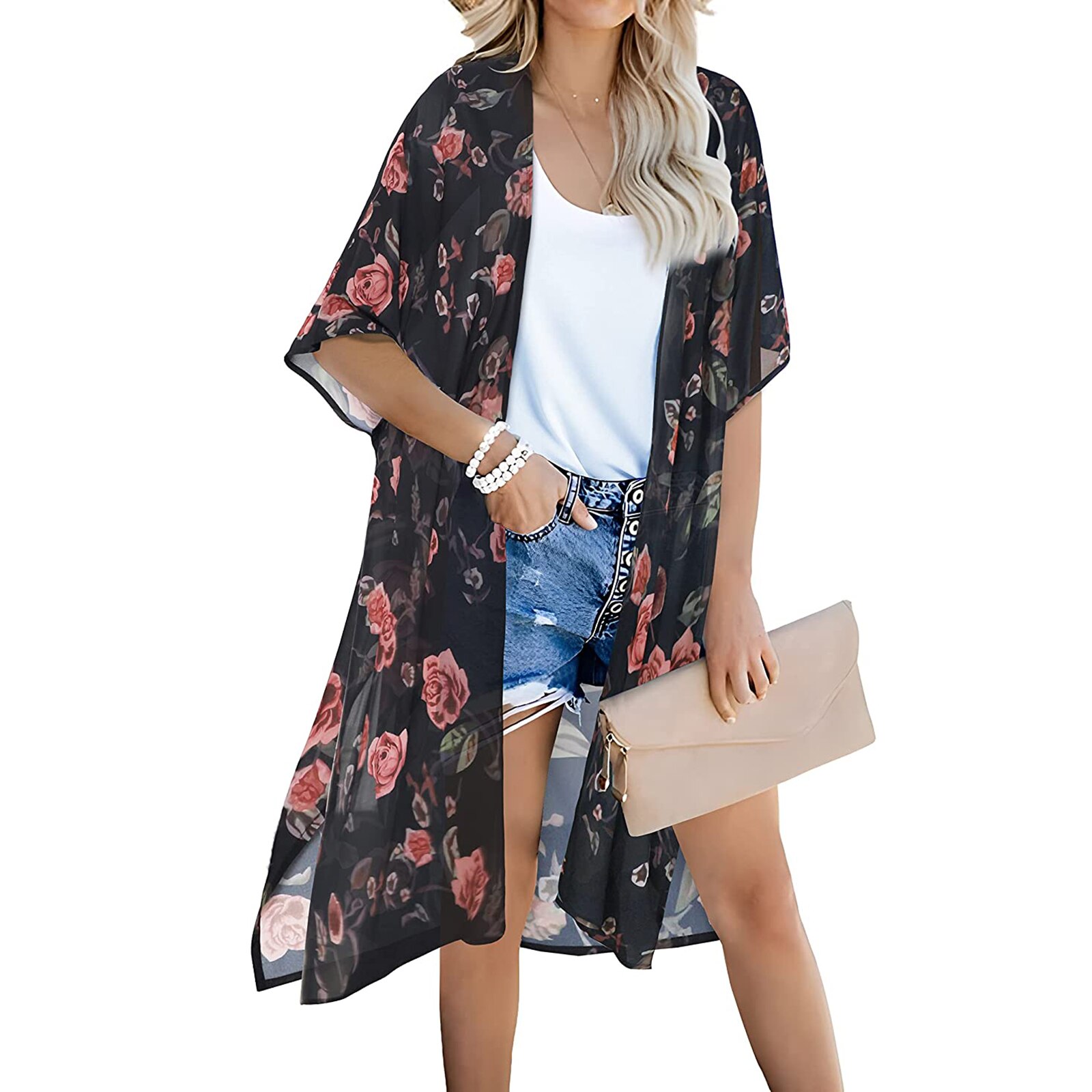 Bata transparente para mujer, Blusa de gasa con estampado único, protección solar, Media manga, Bikini, cárdigan, falda Bohemia con abertura larga, 2022: 3