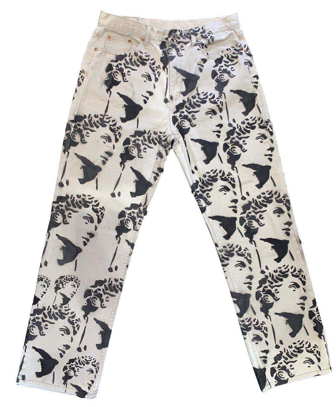 Men Clothing Loose White Washed Men Jeans Straight Tie-dye Denim Trousers Black Portrait Print Hip Hop Men's Trousers