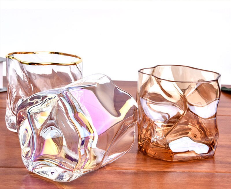 350ml uregelmessige blyfrie glass whiskyglass varmebestandige husholdnings fargerike gullkant glass kopp spritglass vinutstyr