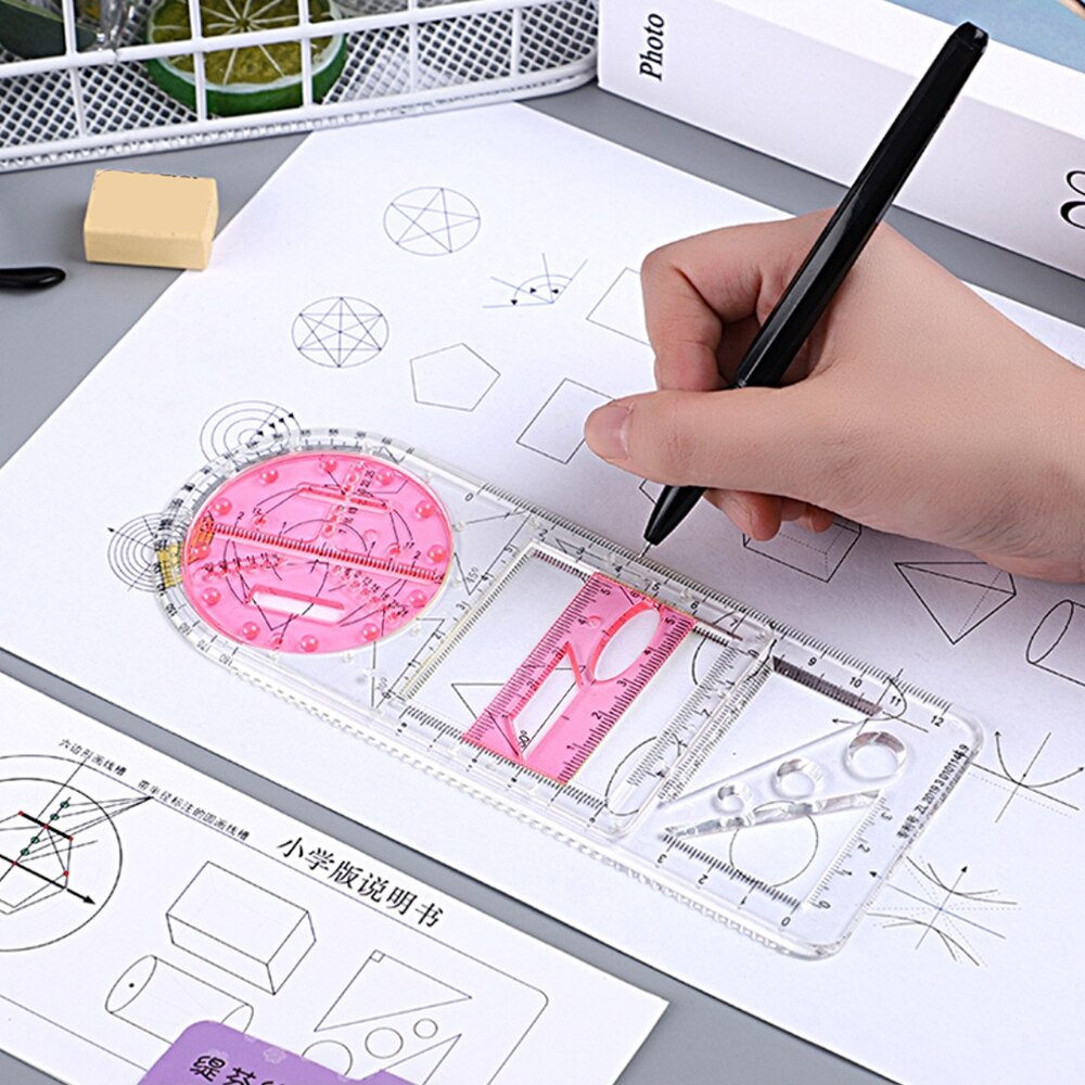 Regla geométrica multifuncional, herramienta de medición de plantilla de dibujo geométrico para suministros de oficina y escuela, NIN668: red
