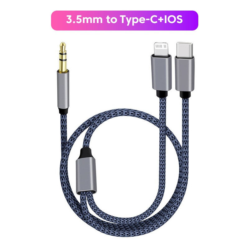 3 in 1 Type C 3,5 mm Jack Aux-kabel naar IOS-audiokabeladapter voor iPhone iPad Autoluidspreker Man-Man USB-C-converterkabel