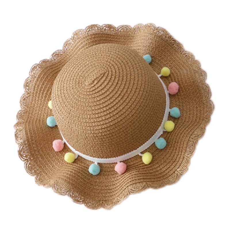 Kids Girls Large Wide Brim Straw Woven Sun Protection Beach Hat Colorful Pompom Ball Summer Floppy Bucket Cap Portable Handbag: C