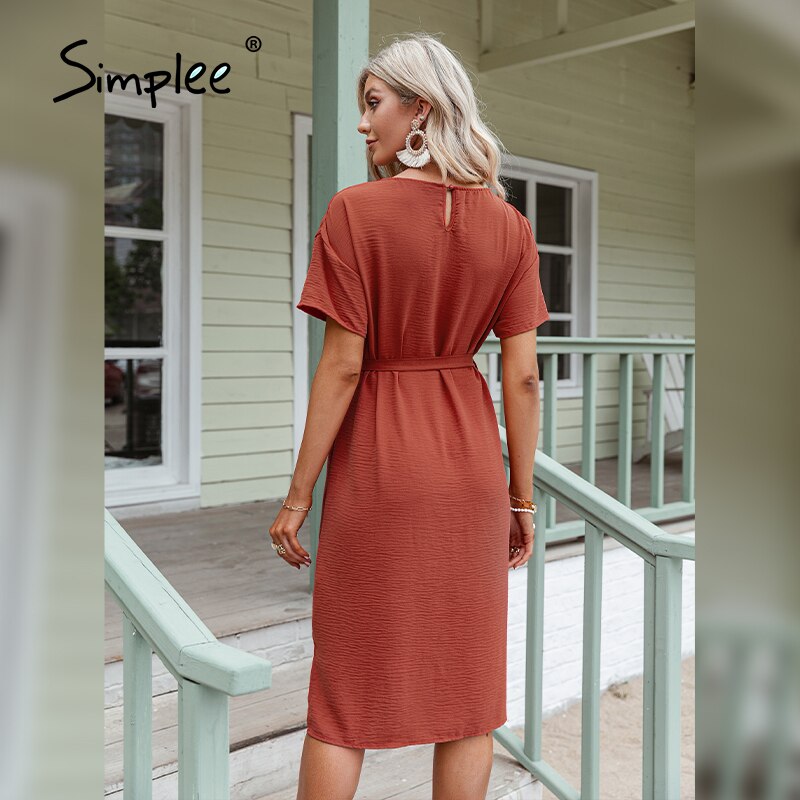 Simplee-vestido liso informal de manga corta para mujer, vestido liso con cuello redondo, holgado, con cordones, para oficina, para verano,