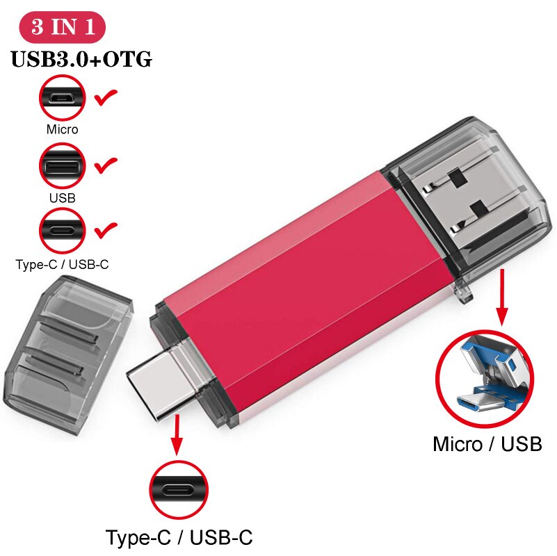 USB Flash Drive 3 IN 1 USB3.0 &amp; Type C OTG Pen Drive 32GB 64GB 128GB 256GB 512GB High Speed USB Stick Pendrives