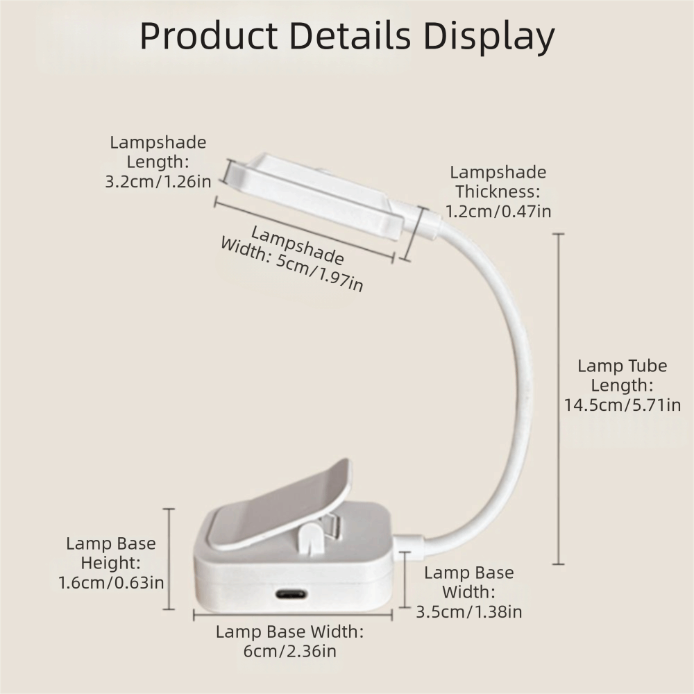 3 standen led-clip leeslamp, traploos dimbaar, flexibele hals, draagbaar, drie kleurtemperaturen, lang indrukken voor aanpassing