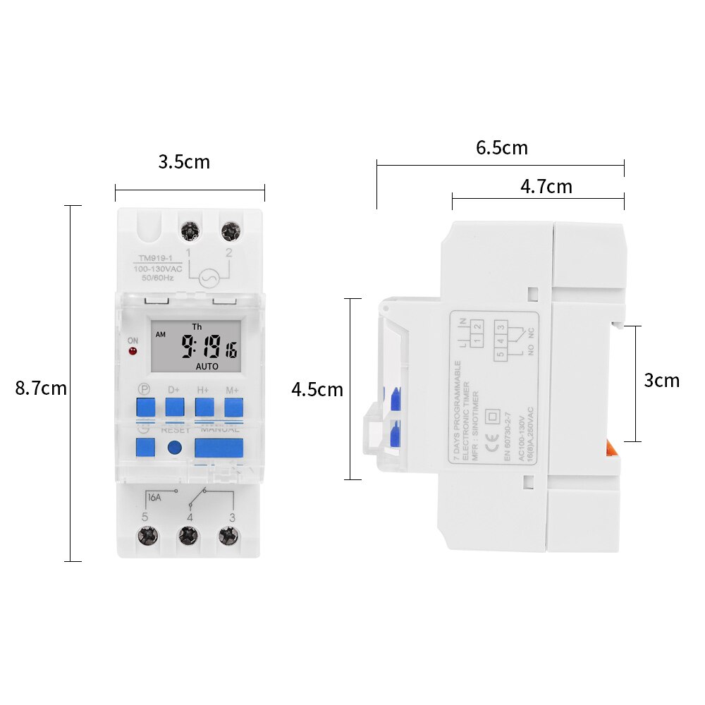 120VAC 16A Din Rail Mounted 7 Days Programmable Digital Time Switch Relay Control with Countdown Function and AM/PM Shift