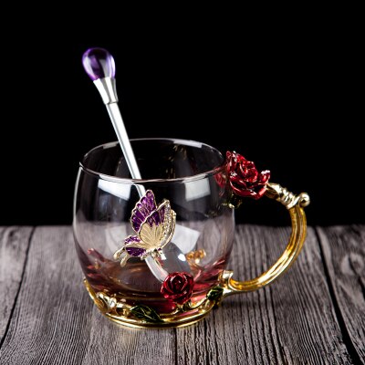 Rød rose emalje krystal kop blomst te glas høj kvalitet glas vand kop blomst krus med håndtag perfekt til elsker bryllup: Se diagram 3