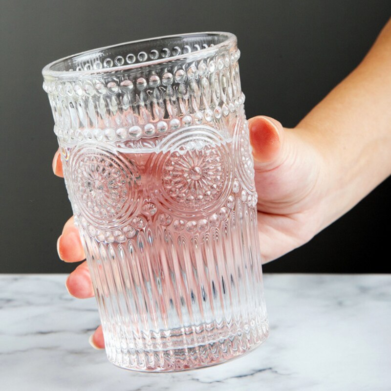 Sense of Weight 250-380ml Vintage Embossed Wine Cup Ins Whiskey Vodka Sun Flower Stemless Golden Mouth Ice Coffee Bar Drinkware: 380ml