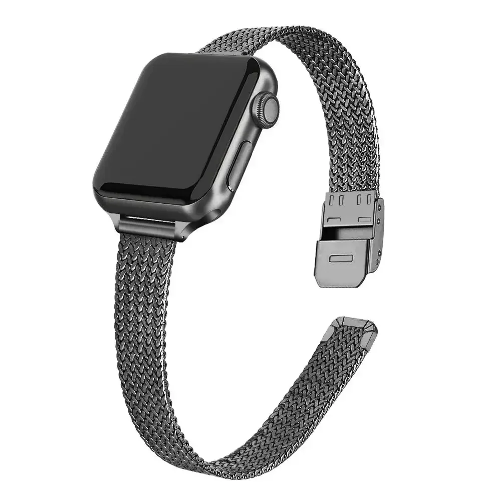 Slanke armband metalen band voor Apple Watch 9 8 7 6 SE 5 4 3 41 45 49MM Ultra roestvrijstalen Milanese band voor iwatch 10 42 46MM: XS / Black