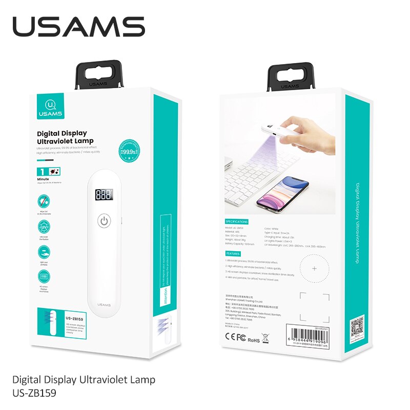 USAMS Mini Portable Handheld Sterilization Lamp HD Led Light 99.99% UV Ultraviolet Lamp UVC UVA Mask Disinfection Lamp