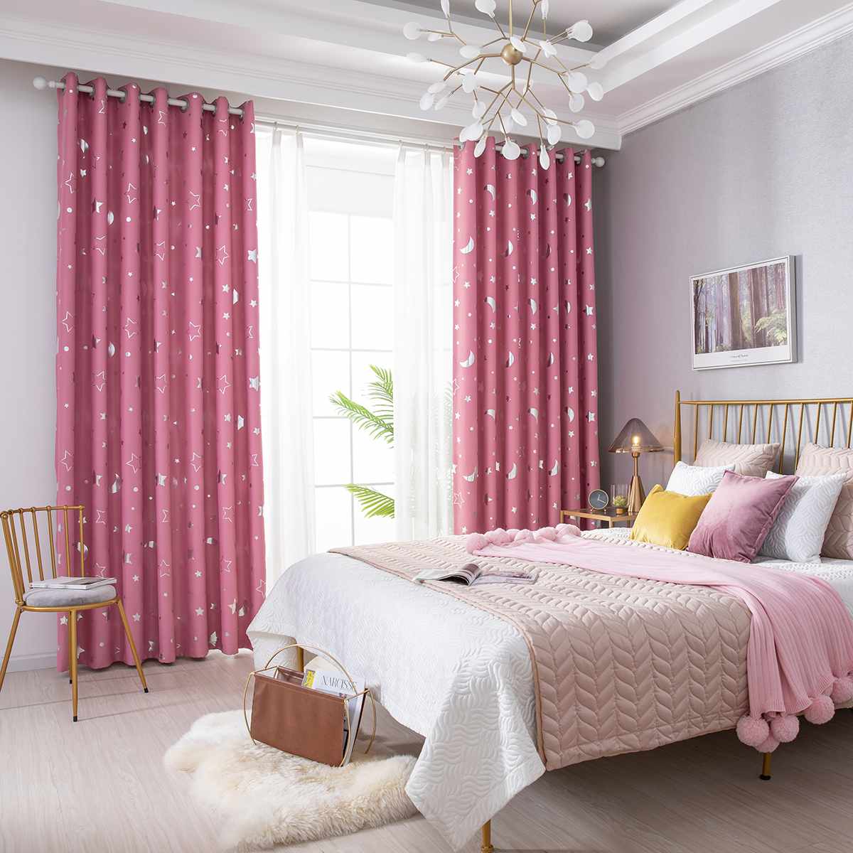 4 Kleuren Shiny Silver Moon Stars Shading Gordijnen Voor Kinderen Kind Slaapkamer Koreaanse Stijl Polyester Gordijnen Voor Woonkamer