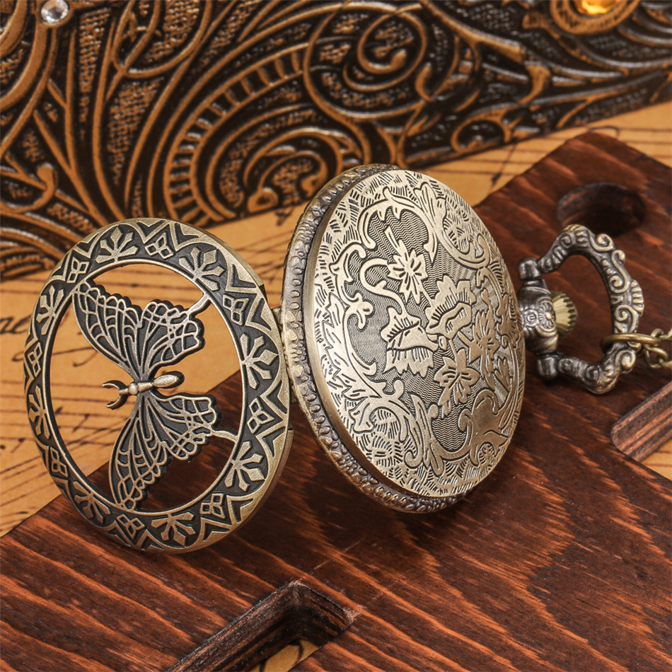Hohl Bronze- Schmetterling Quarz Taschenuhr zur Seite fahren Kette Halskette Anhänger Antike Uhr Männer Frauen