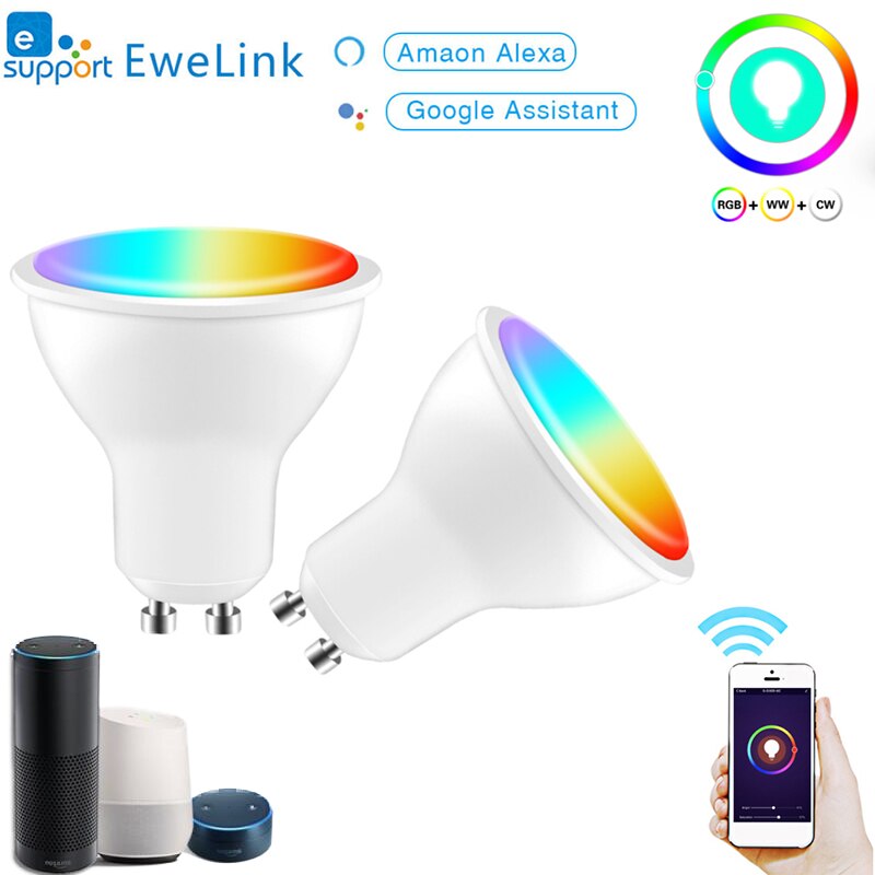 Foco de luz LED inteligente Gu10, Wifi, 220-240V, aplicación eWeLink, 4W, RGB + CCT, Control por voz, funciona con Alexa y Google Home