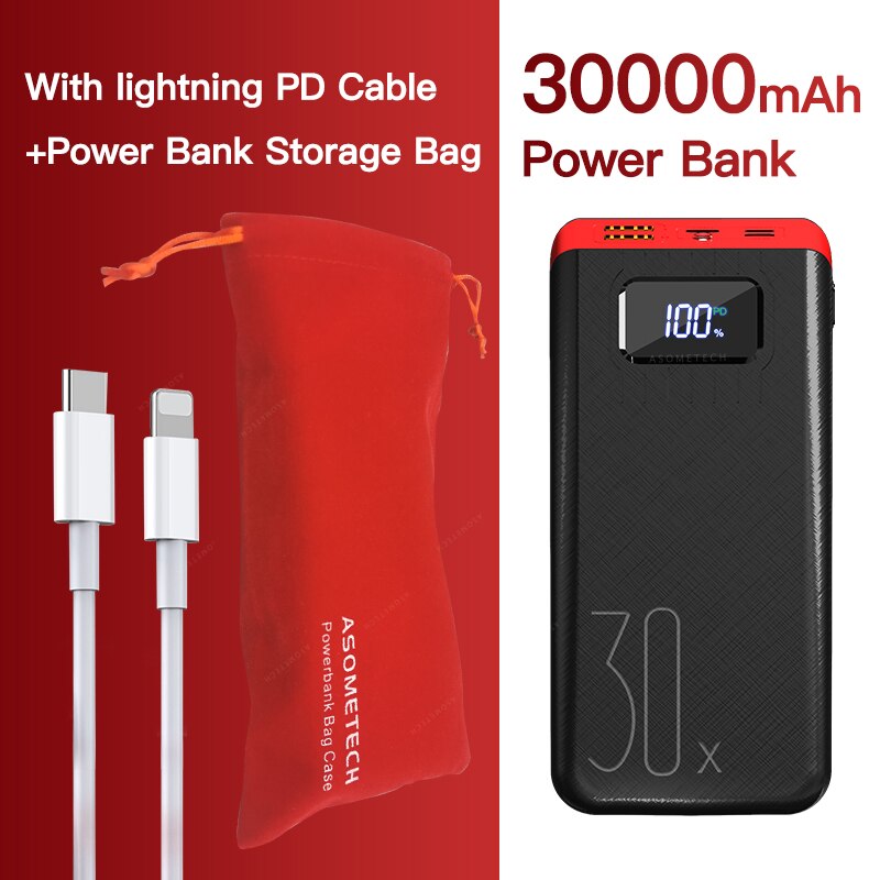 Banco de potência 30000 mah tipo c pd carregamento rápido powerbank 30000 mah portátil carregador de bateria externa para iphone 12 xiaomi poverbank: Red with PD Cable