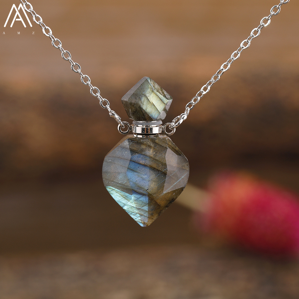 Arco-íris labradorite garrafa de óleo essencial perfume garrafa pingente colar moda feminina coração gem pedra jóias presente dropship: Imitação de ródio chapeado