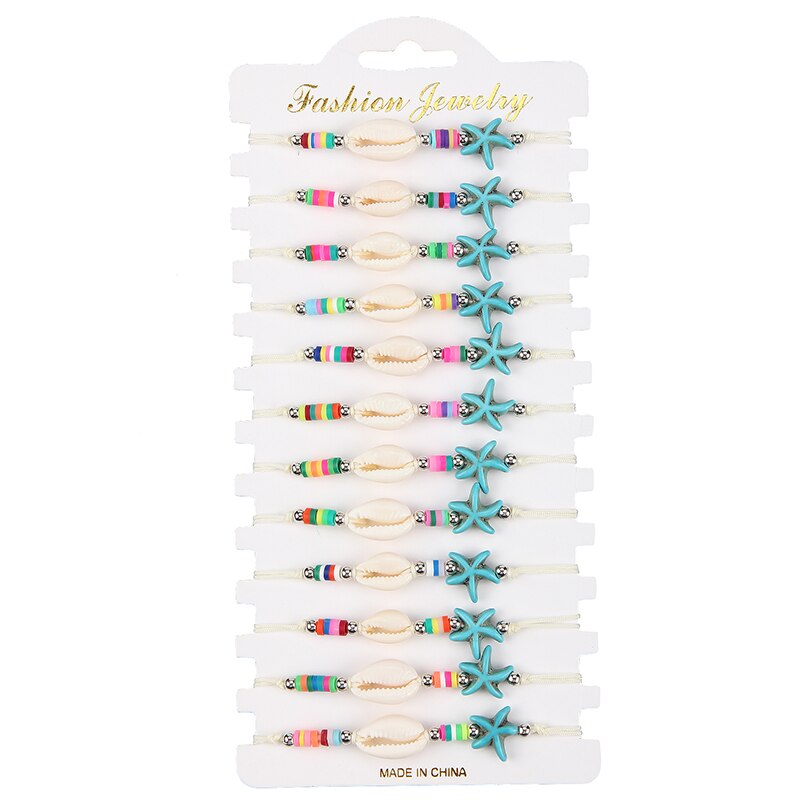 Pulsera de cuerda trenzada con conchas de cristal para mujer, brazalete ajustable hecho a mano con de Calavera, mariposa y mal de ojo, 12 unids/lote