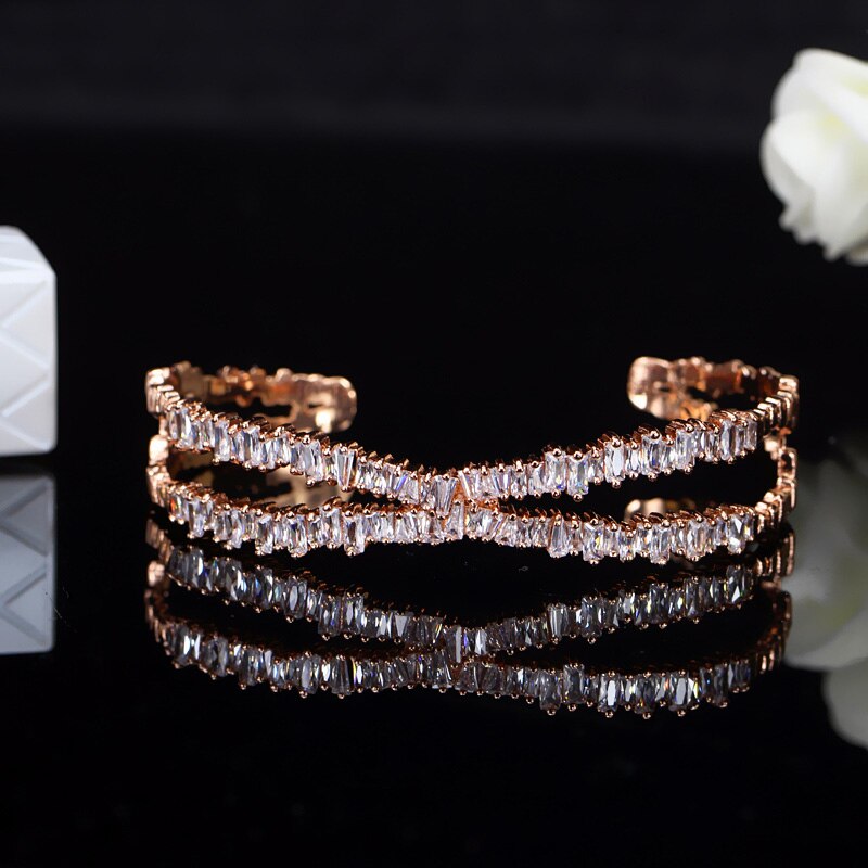 CWWZircons Brand Women Jewelry Stunning X Shape Big Rose Gold Color Cuff Bangle with Cubic Zirconia Stones BG003: Rose Gold Color