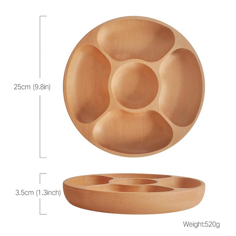 Bandeja de partición de madera de 25/30cm para el hogar, 5 compartimentos, plato para frutos secos, plato dividido de madera Natural con forma redonda